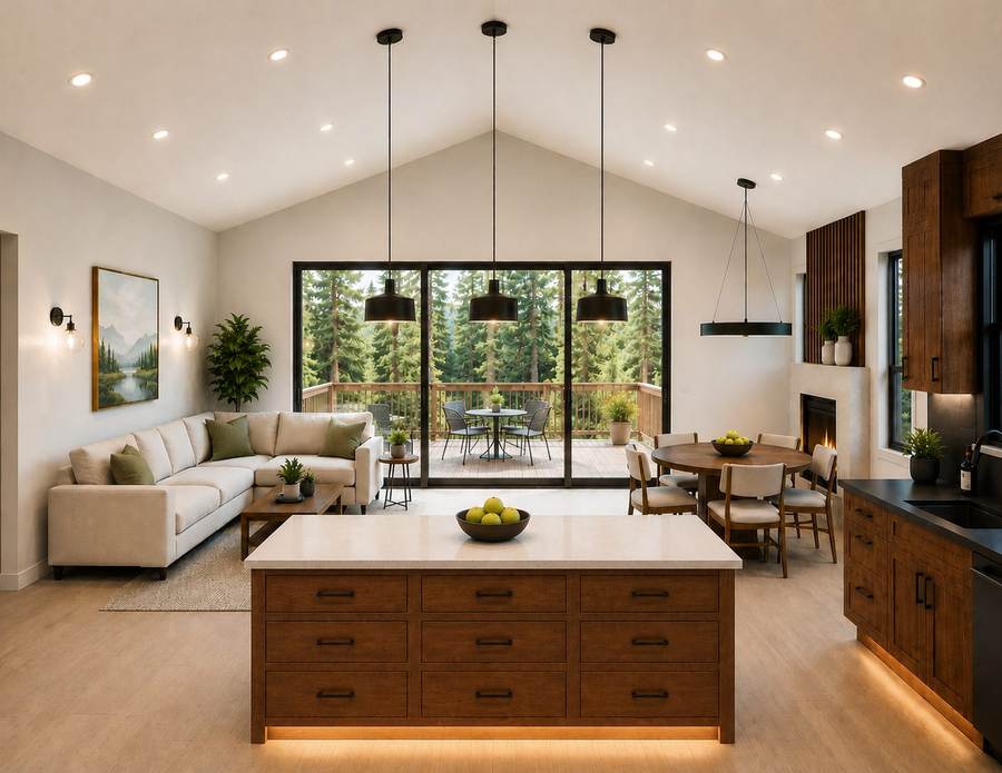 Conceptual rendering: Vaulted great room with stacked sliding doors to the covered patio