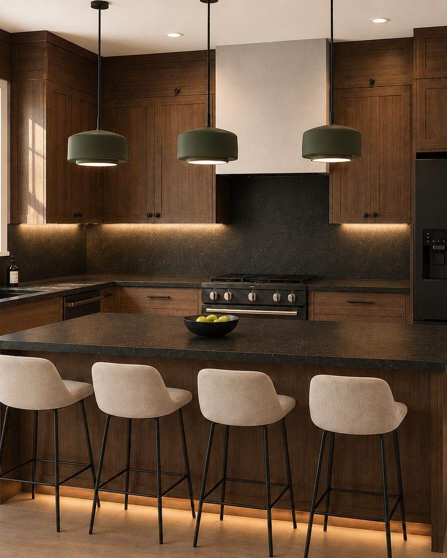 Conceptual rendering: Kitchen with walnut cabinetry, quartz counters, and island seating